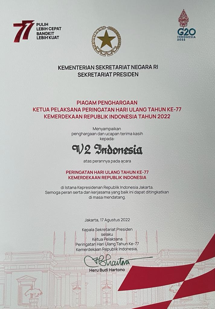 V2 Indonesia got certificate of appreciation from Ministry of State Secretariat Republic Indonesia
