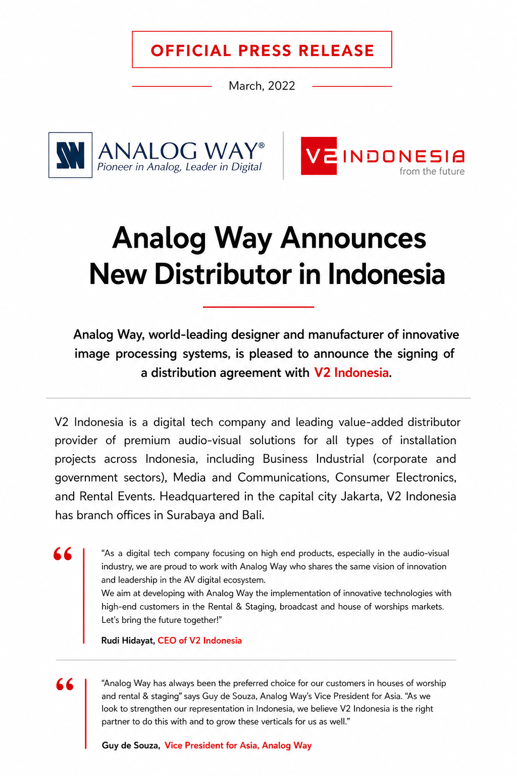 Analog Way Announces New Distributor in Indonesia